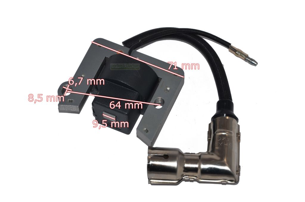 A close-up shot of a lawnmower ignition coil with dimensions indicated by lines and text.