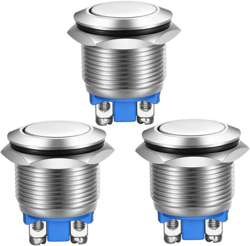 3 Stück Bouton Poussoir Momentané Bornes à vis en Acier Inoxydable Bouton étanche à l'eau 19mm 2A 12V/24V/125V/250V (Tête Plate)