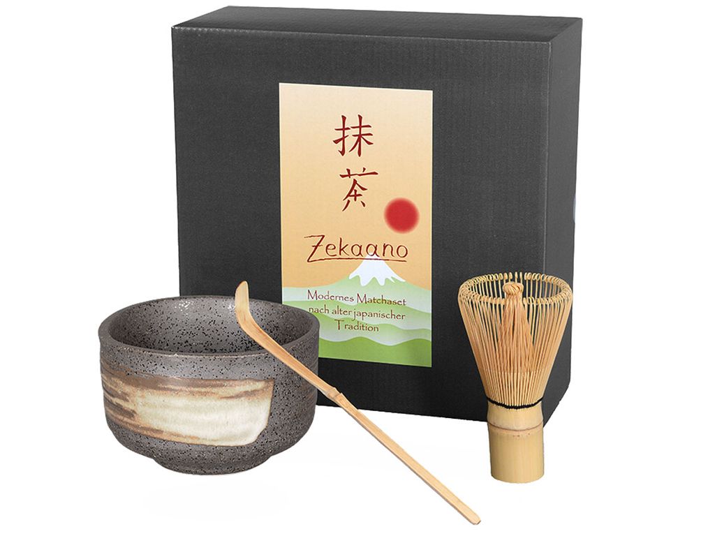 Matcha Set / Matchaset mit japanischer Matcha Schale 390ml anthrazit/beige, Besen, Löffel in Geschenkbox