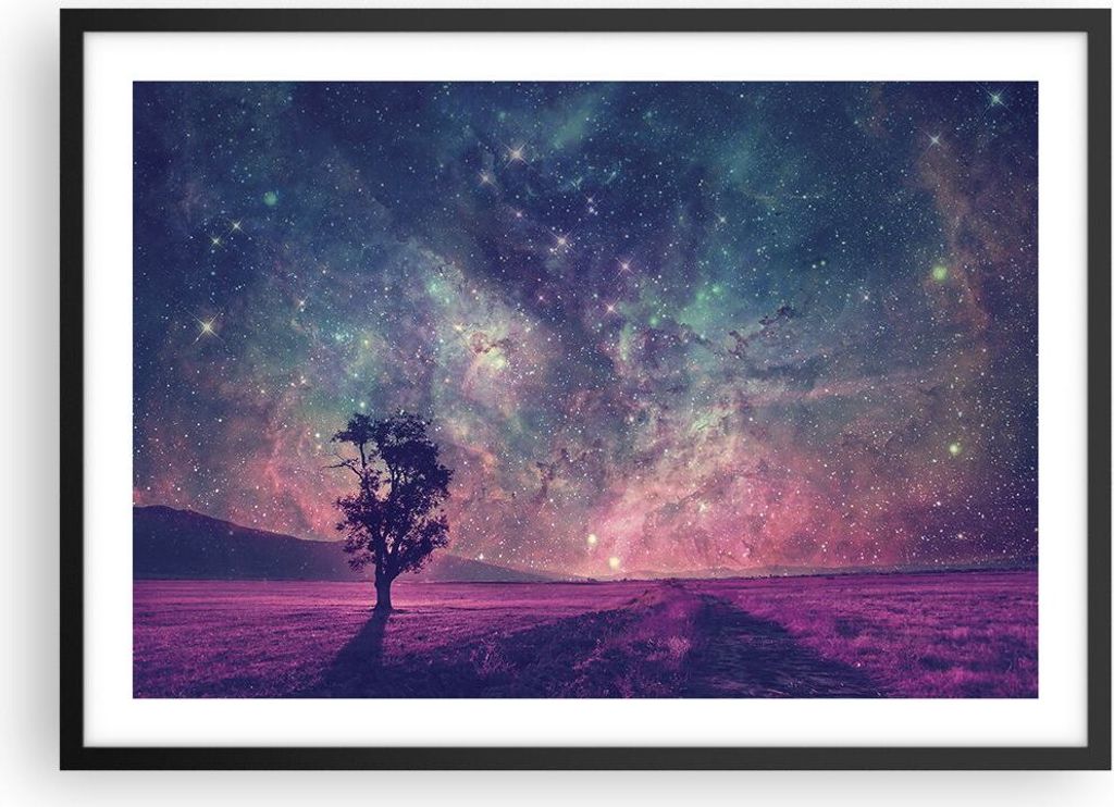 Gerahmtes Poster - Schwarzer Rahmen - Kosmos Baum Wiese - 70x50 cm - Wand Bild - Wanddeko - Wandbilder - Kunstposter - Wandposter - Bilderrahmen - ...