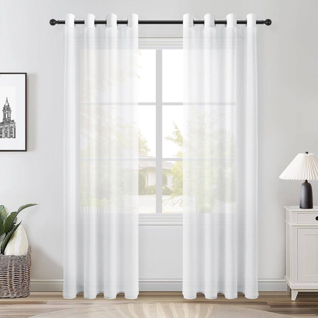 Gardinen fürs Wohnzimmer, Ringgardinen, weiß, halbtransparent, moderne Leinenoptik, Gardinen fürs Kinderzimmer, kurze Gardine 215 x 140 cm (H x ...