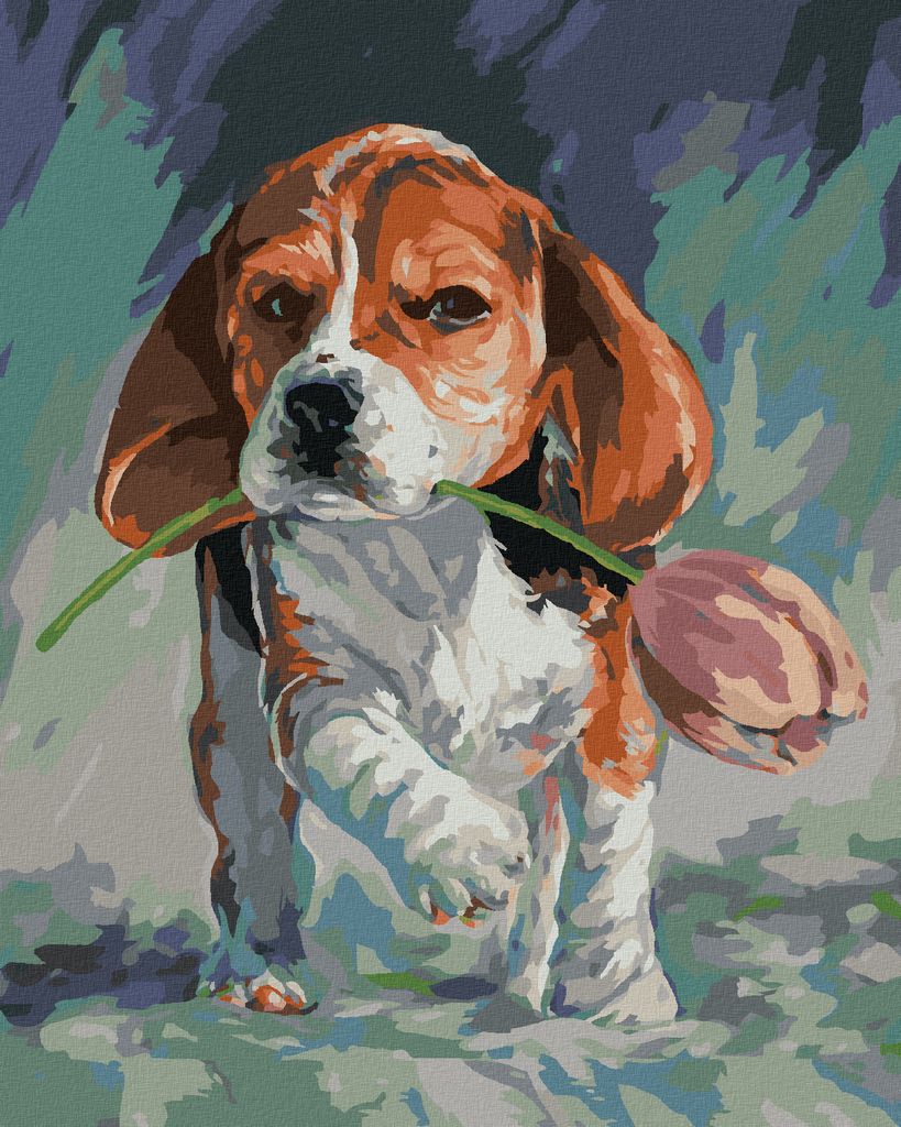 Zuty - Malen nach Zahlen - HUND MIT TULPE, 40x50 cm, mit Keilrahmen (bereits gespannt)