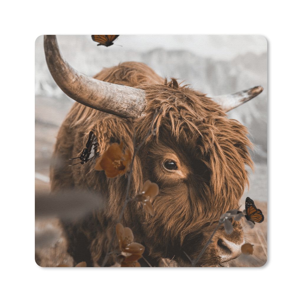 MuchoWow Mauspad Mousepad Schottischer Highlander - Schmetterling - Tiere 30x30 cm - Mousepads - Maus Mat - Pad - Mausunterlage - Gaming