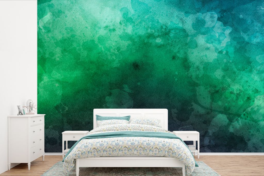 MuchoWow Fototapete für Wohnzimmer oder Schlafzimmer Wandtapete Vinyl Motivtapete Aquarell - Blau - Grün - 330x220 cm - Fototapeten