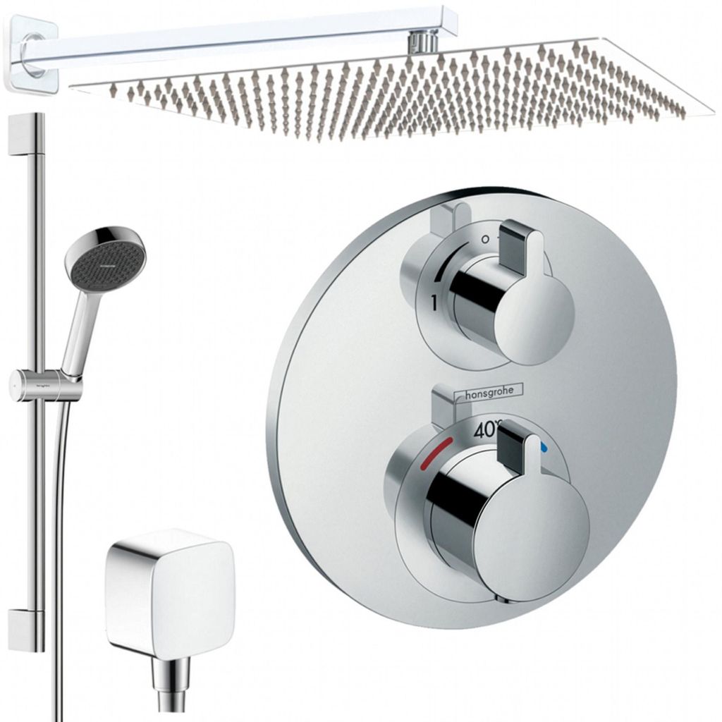 Hansgrohe und Jowi Unterputz Duschsystem Ecostat S Thermostat, Unterputz Duscharmatur mit 360mm Kopfbrause, 650mm Brausestange, OHNE iBox