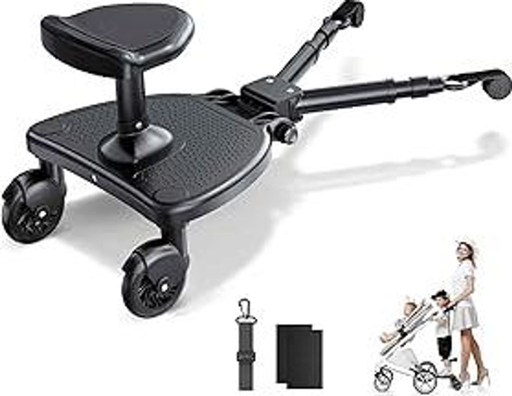 Buggy Board mit Verbreitertem Sitz, Universales Trittbrett für Kinderwagen für Kinder von 2-6 Jahren, 25kg Belastbarkeit, Steh- und Sitzbrett Kom...