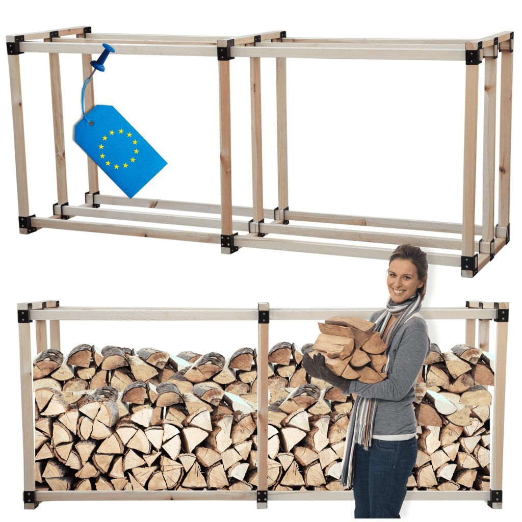 MODO24 Kaminholzregal, Holzunterstand, Brennholzregal, Holzlager, Brennholzständer, Aufbewahrung, Garten, Wetterfest, Massivholz, 124x292x80 cm, DRE