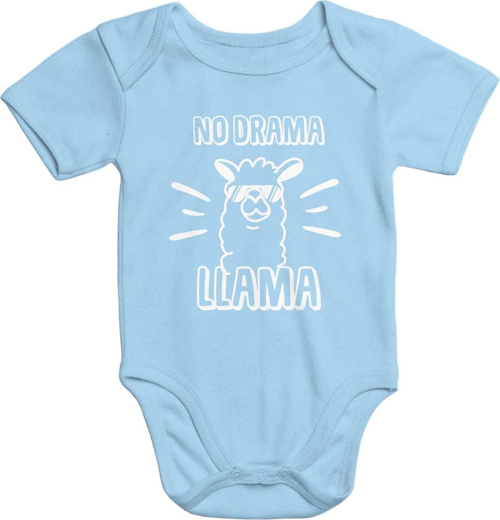 kurzarm Baby-Body mit Lama Aufdruck No drama Llama Spruch Sprüche Quote weiche Baumwolle Moonworks hellblau 12-18 Monate