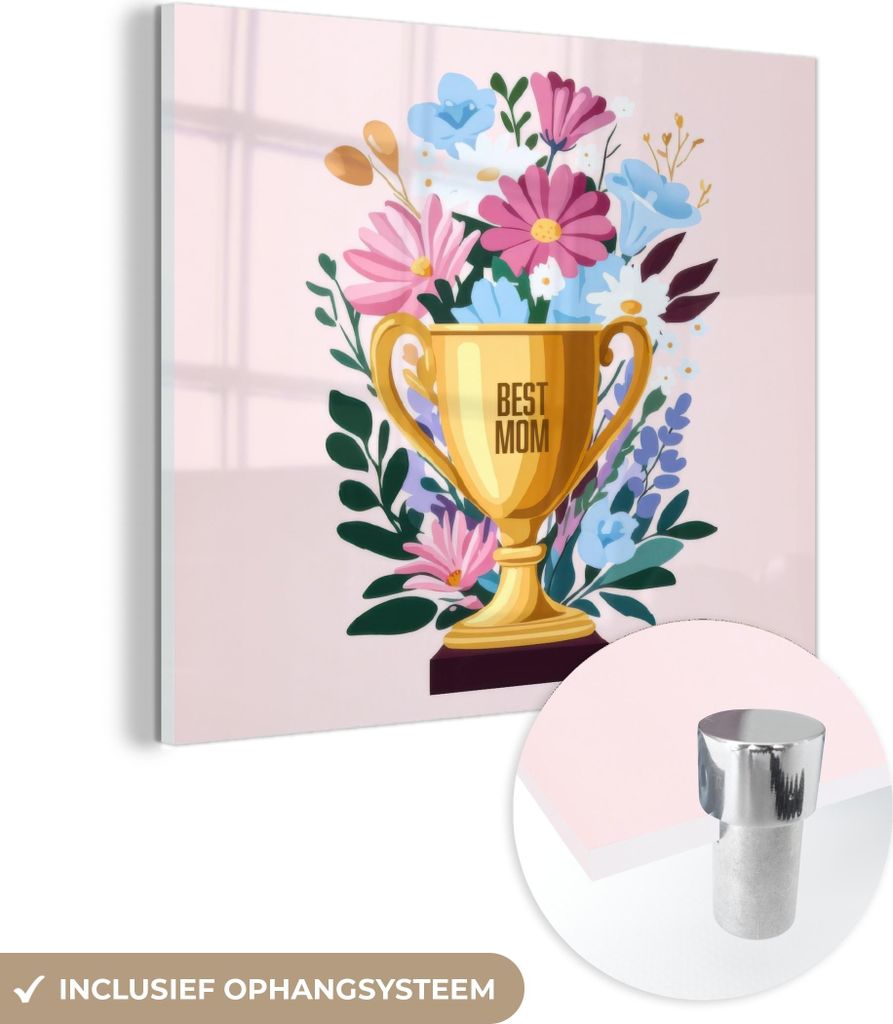 MuchoWow Glasbilder - Bilder auf Wandbild - Foto auf Glas Trophäe - Beste Mutter - Blumen - Bunt 40x40 cm Wanddekoration aus Glas - Acrylglasbild ...
