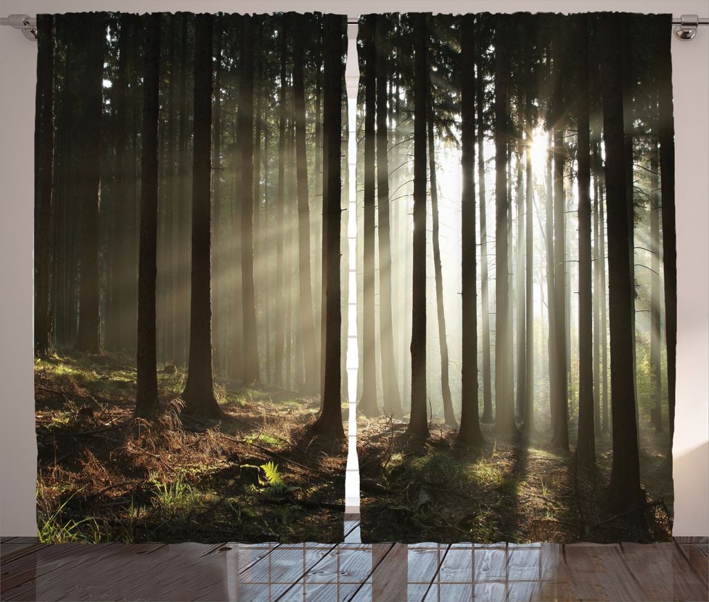 ABAKUHAUS Herbst Rustikaler Gardine, Morgen Waldlandschaft, Schlafzimmer Kräuselband Vorhang mit Schlaufen und Haken, 280 x 225 cm, Grau schwarz
