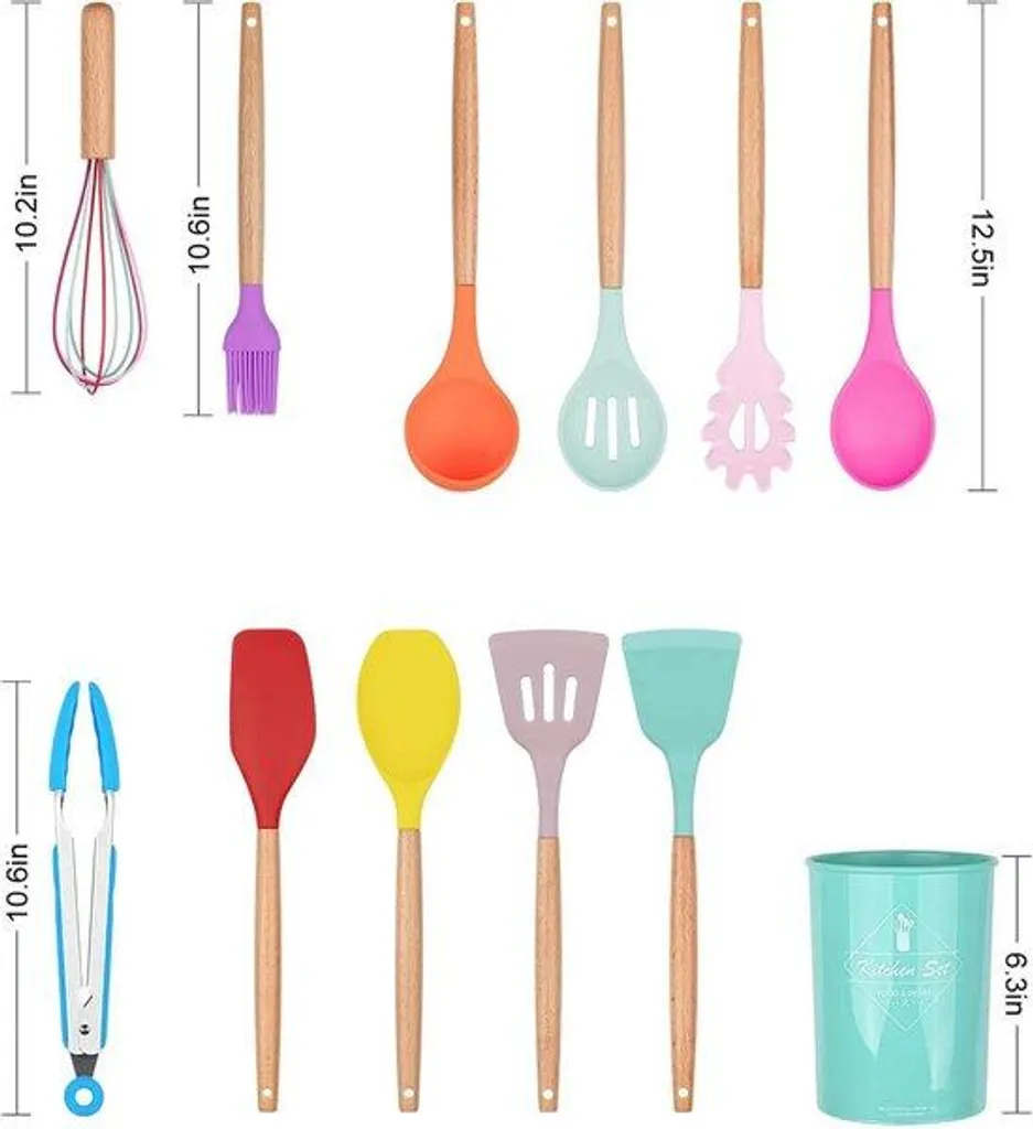 Ustensiles de cuisine silicone anti-rayures et bois, 12 pièces sans BPA
