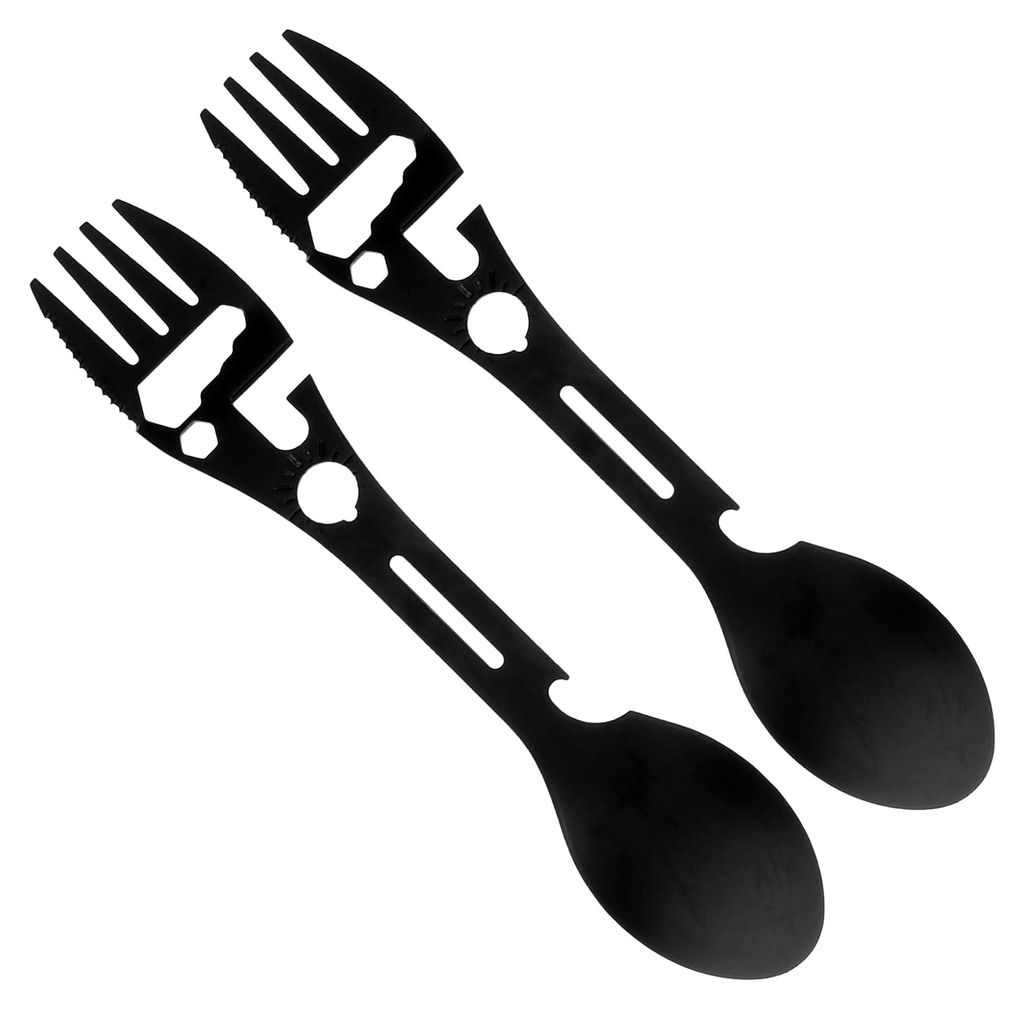 Multifunktionales Edelstahl Spork Campingbesteck 2 Stück Rostfrei Kompakt mit Flaschen- und Dosenöffner Tragbar für Outdoor Camping und Wandern