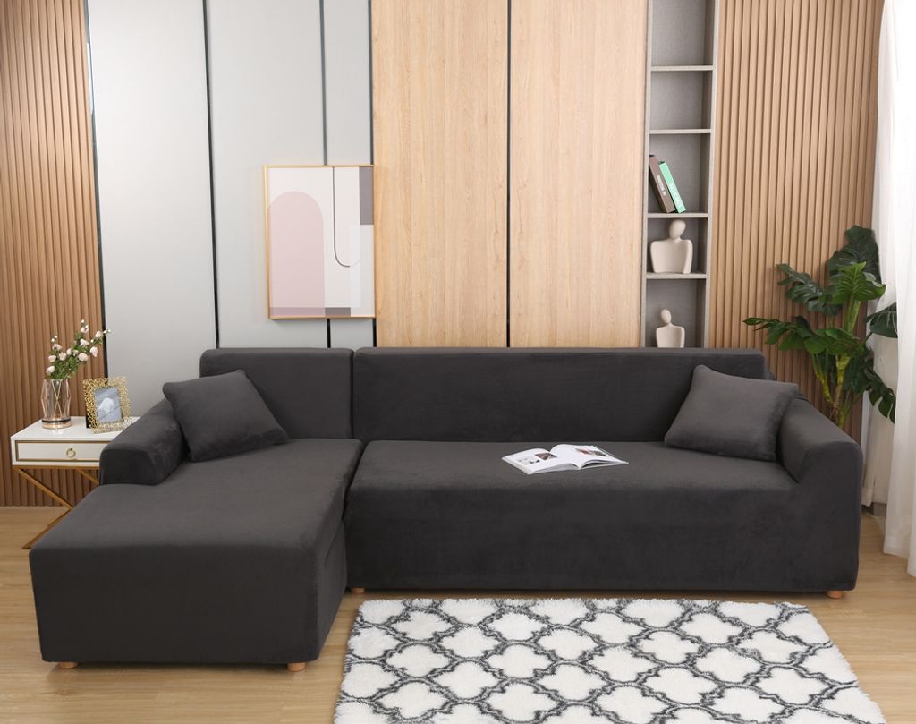 velvet plüsch schonbezug sofa, rutschfeste stretch sofabezug schonbezug  soft thick sofa protector für l-förmige schnittcouch (dunkelgrau, 3 sitz +  3