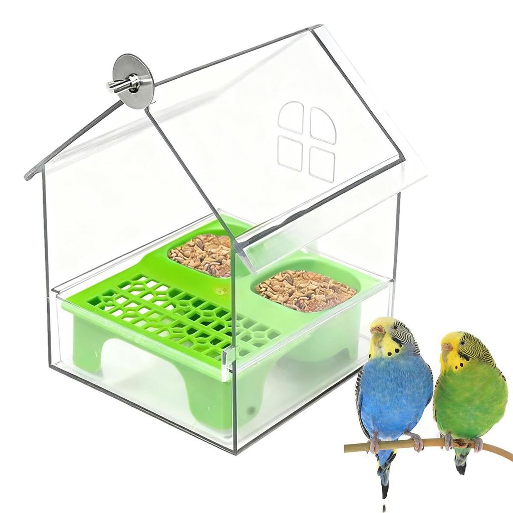 Außenanbringbarer Papageien-Futterspender, transparentes Vogelbad mit 2 Futterschalen, zu halten und zu reinigen, für Papageien und Sittiche