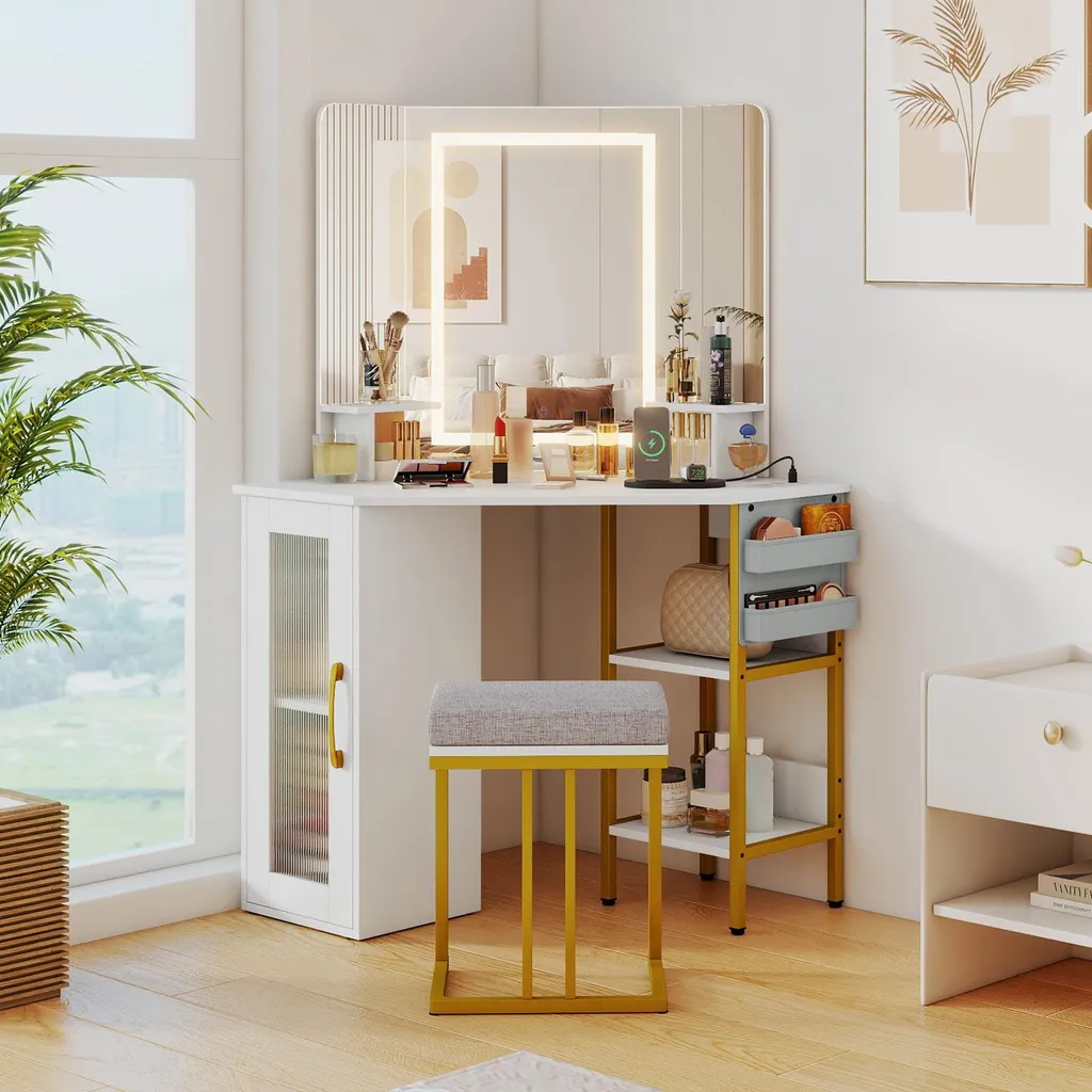 Coiffeuse d'angle COSTWAY avec miroir triple et éclairage LED intégré