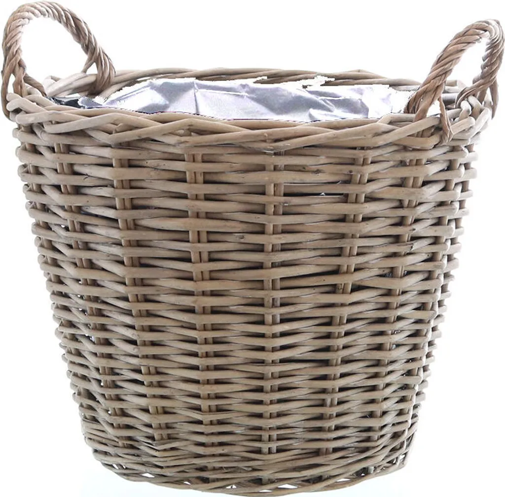 Grand panier de fleurs gris 40 cm en bois naturel - Déco jardin anse