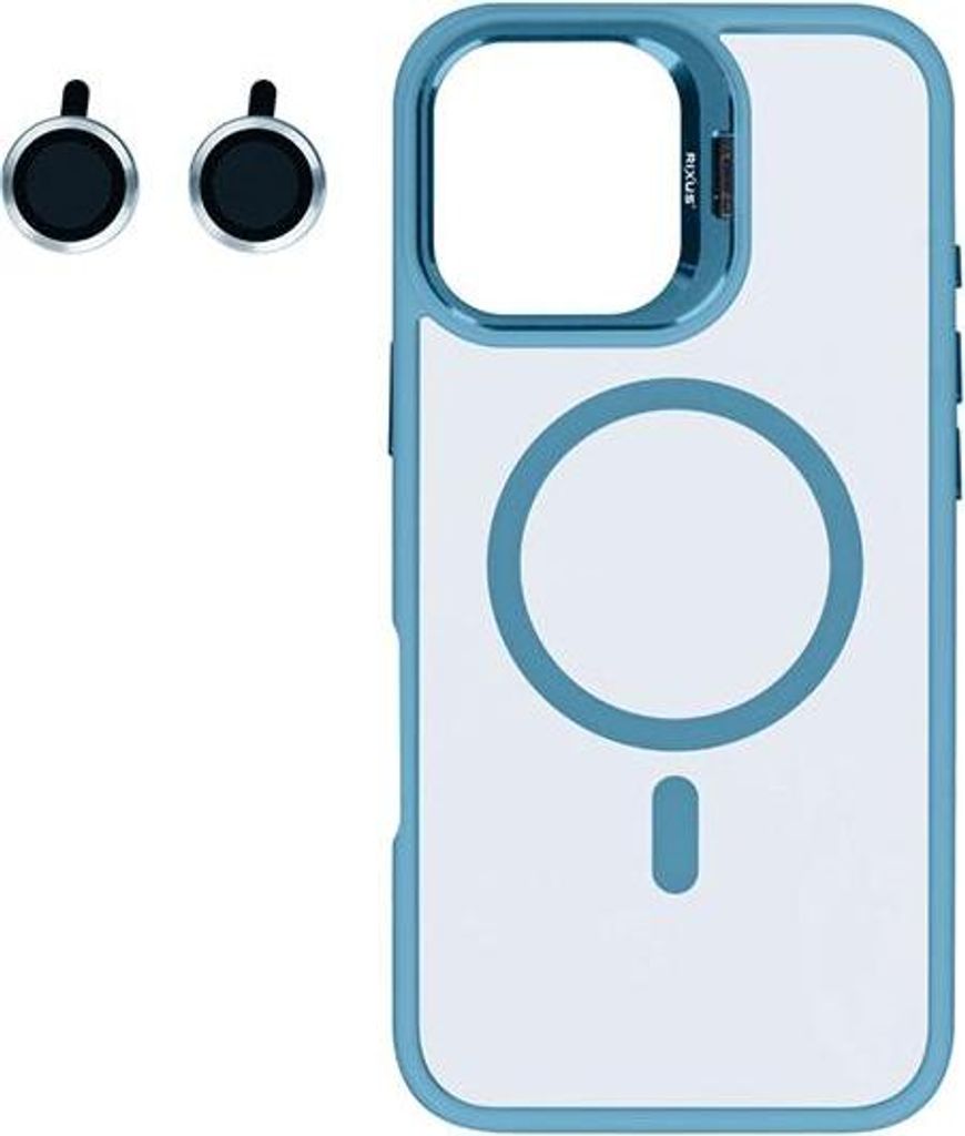 Rixus Classic03 Magnetic Cover MagSafe Schutz-Hülle mit Ständer für iPhone 16 Plus inkl. Kamera-Schutzglas, hellblau