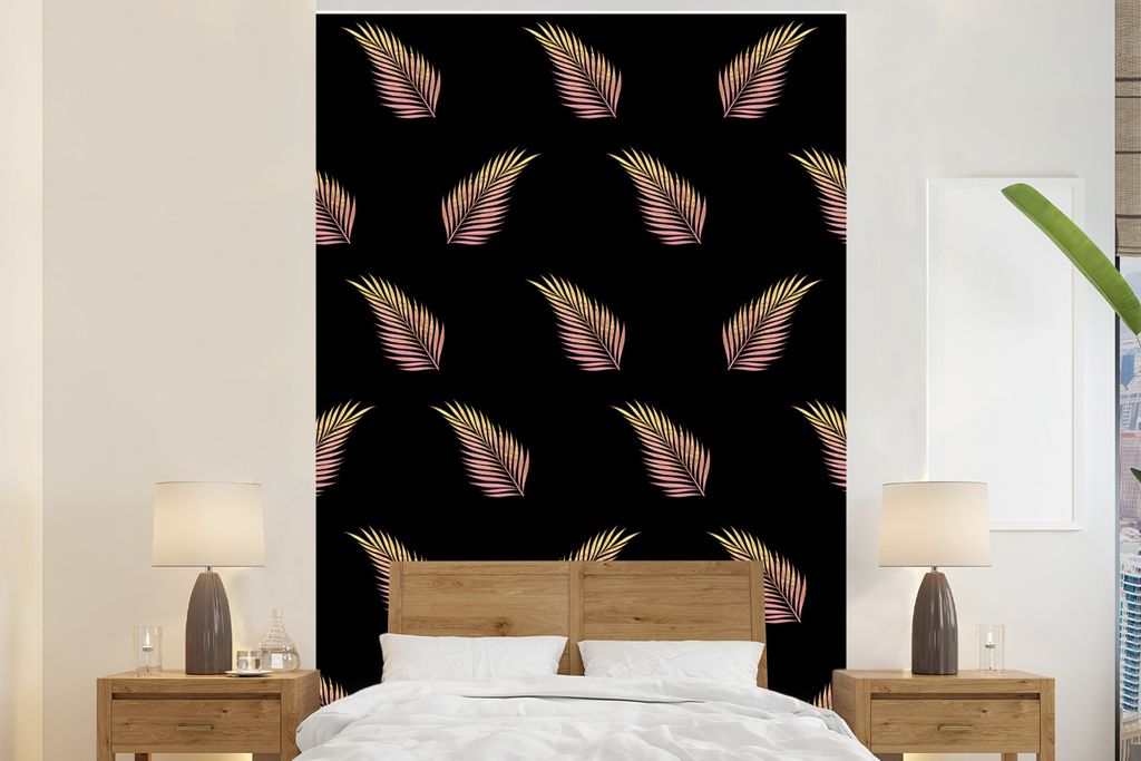MuchoWow Fototapete für Wohnzimmer oder Schlafzimmer Wandtapete Vinyl Motivtapete Blätter - Gold - Muster - 145x220 cm - Wanddekoration