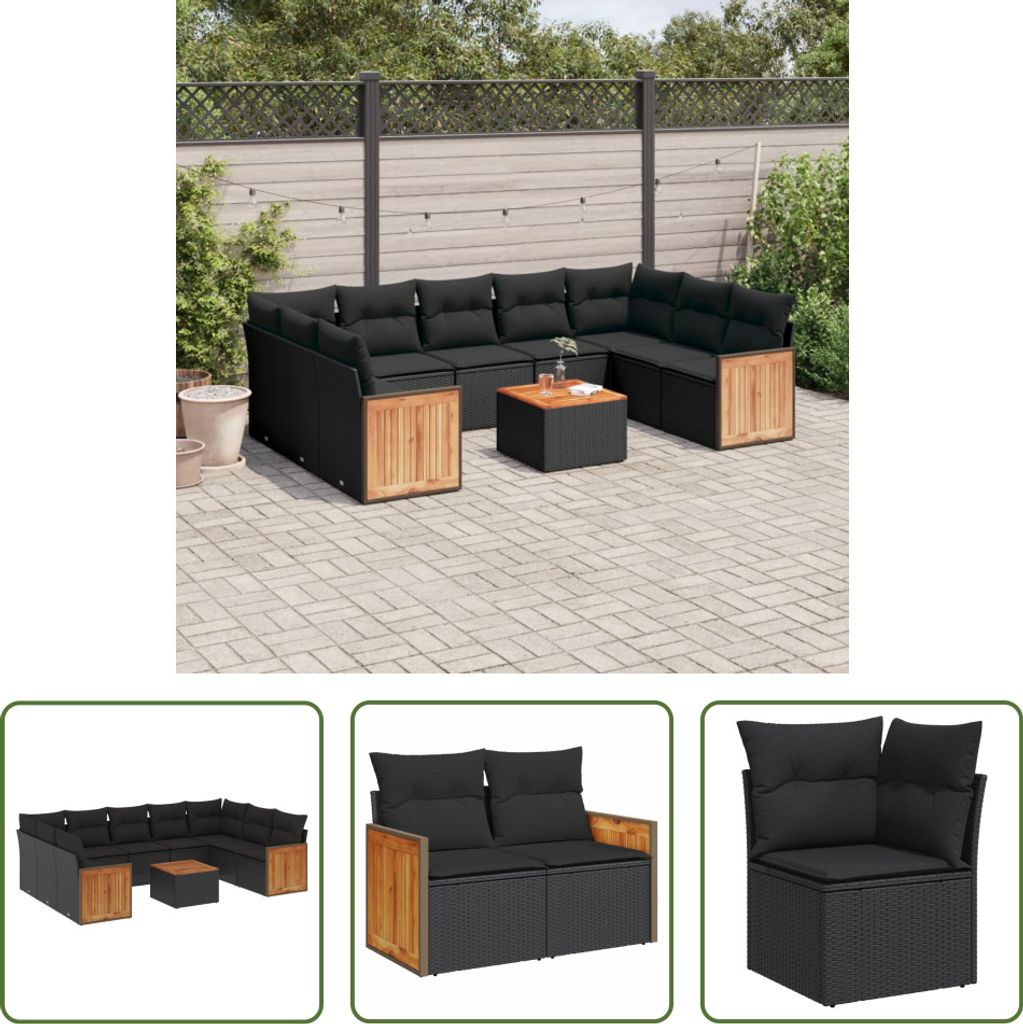 The Living Store 10-tlg. Garten-Sofagarnitur mit Kissen Schwarz Poly Rattan