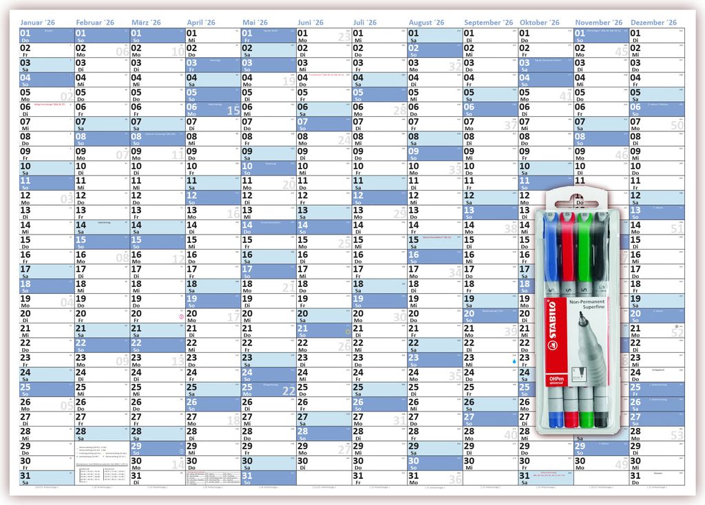 XL Wandkalender DIN A1 2026 blau, nass abwischbar inkl. Stifteset Kalender Format 59,4 x 84,1cm Jahresplaner Wandplaner gerollt