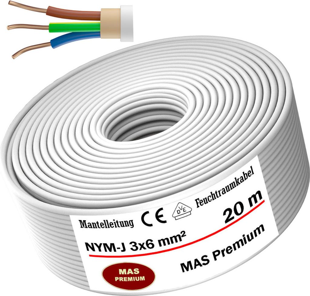 Feuchtraumkabel Stromkabel Mantelleitung 20 m NYM-J 3x6 mm² Elektrokabel