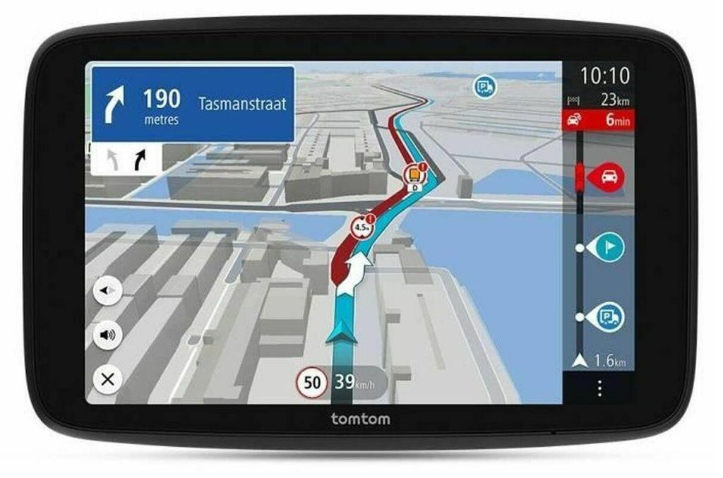 A TomTom GPS navigation device displaying a map and route.