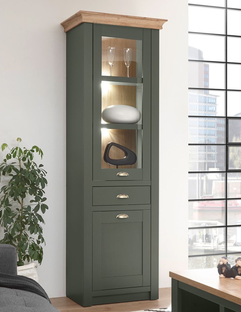 Vitrine im Landhausstil CINCINNATI-61 grün mit Wotaneiche, B/H/T: 68/207/45cm
