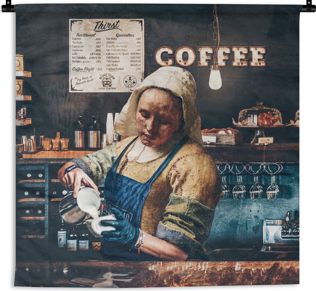 MuchoWow Wandteppich Wandbehang Milchmädchen - Barista - Cappuccino - Vermeer - Kaffee - Kunst _ Malerei 90x90 cm Tapisserie Dekoration Wandtuch...