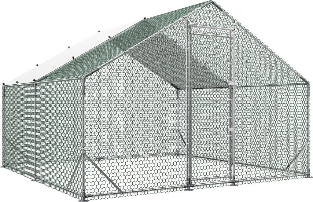 SucceBuy Großer Hühnerstall, 3x3x2 m, begehbarer Auslauf mit wasserdichter Abdeckung und robustem Rahmen, Geflügelkäfig mit Spitzdach, Freilauf...