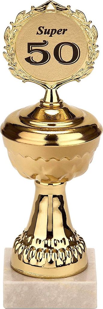 BRUBAKER Pokal mit Jahreszahl - goldene Trophäe mit Marmorsockel - Geschenkidee für runde Geburtstage Jubiläen - Motiv: Super 50