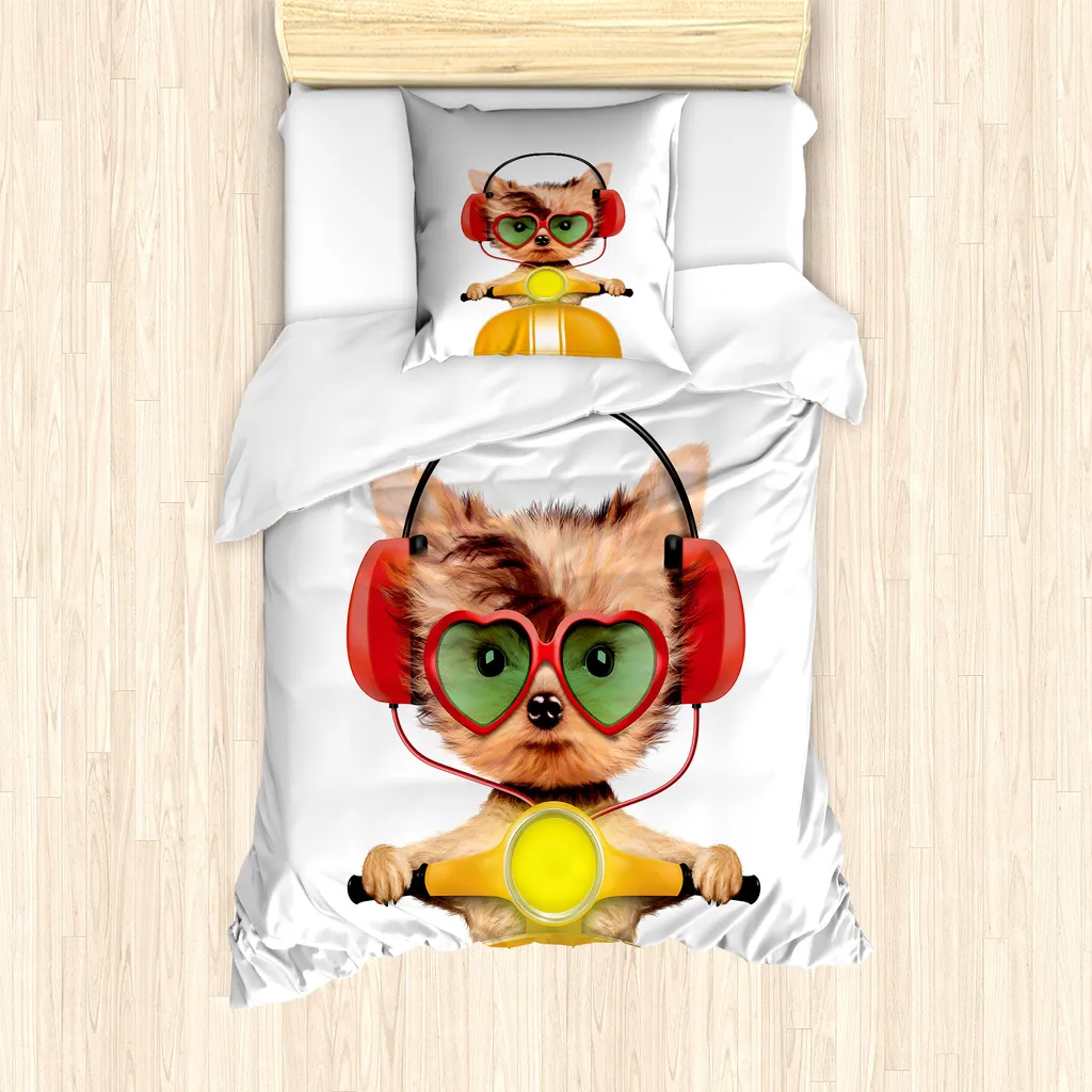ABAKUHAUS Set copripiumino per letto singolo Dog Driver, cuori di cuccioli divertenti, antiacaro, adatto a chi soffre di allergie, con federa, 135 cm x 200 cm - 80 x 80 cm, multicolore