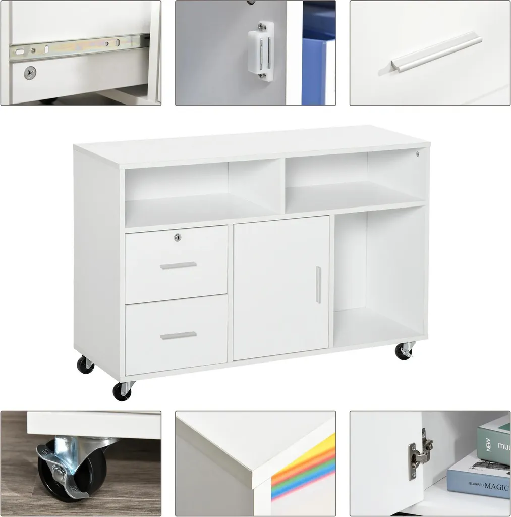 Armoire de bureau mobile 5 compartiments blanc avec tiroirs bois