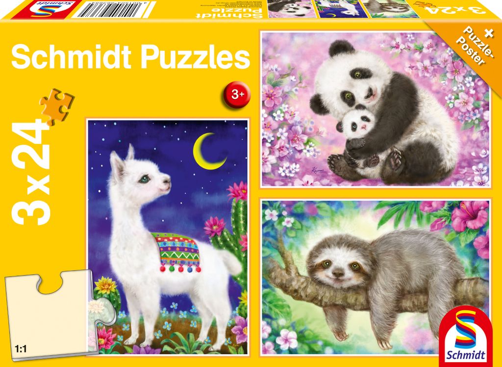Puzzle 3x24T Panda Lama Faultier