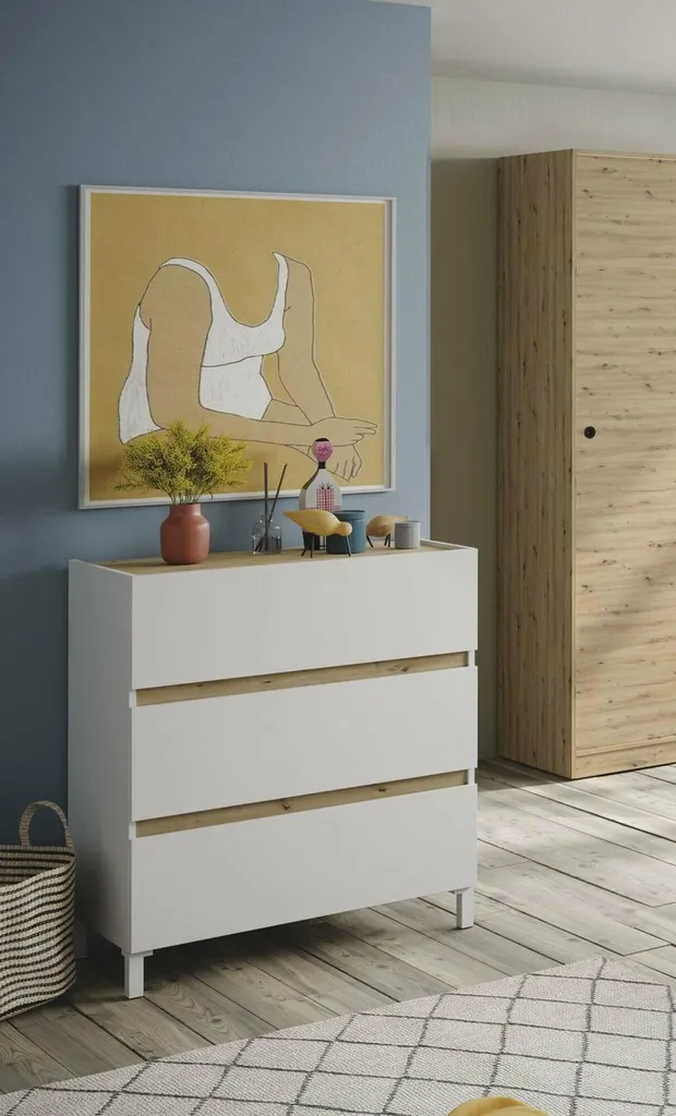 Commode de Chambre Teddy Blanche 3 Tiroirs - Idéal Rangement Linge et Habits