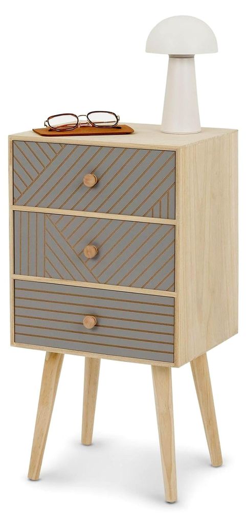 Nachttisch Pelo mit 3 Schubladen in Natur/Grau - Nachtkasten im Boho Stil aus Paulownia-Holz