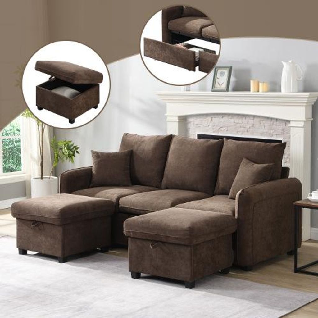 Fortuna Lai Multifunktionale Ecksofa U-Form-Dreisitzer Polster-Sofa mit Staufunktion – Inklusive Schubladen + Hocker mit Staufach, modular zerleg...