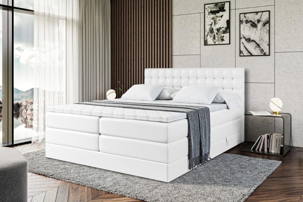ALTDECOR Boxspringbett mit Matratze und Lattenrost - VIONE KING - 200x200 cm - Weiß Kunstleder - Topper, Polsterbett mit Bettkasten, Bett mit Stau...