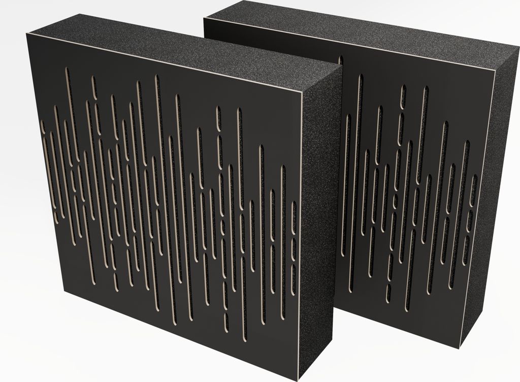 Two black acoustic panels with a slotted pattern are shown against a white background.
