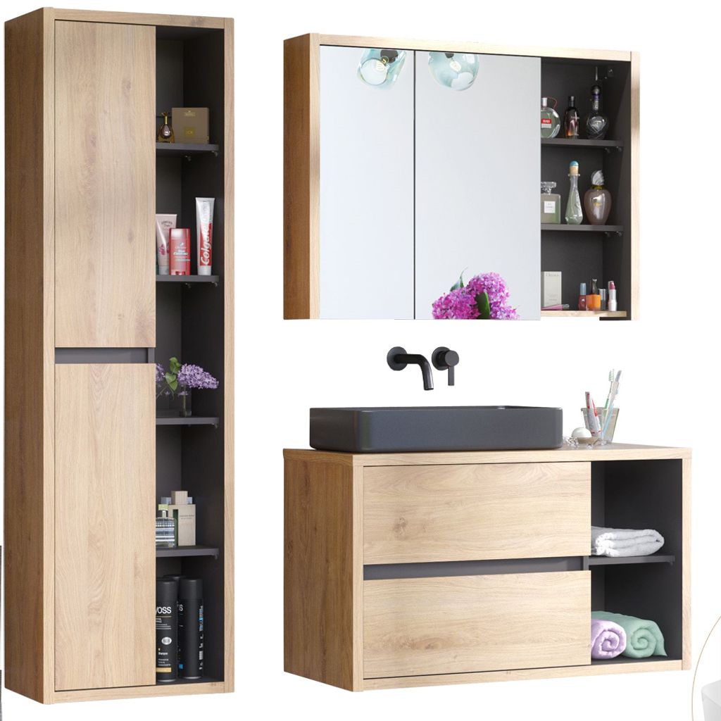 Badezimmer Set in Shetland Eiche Nb. mit anthrazit DANZIG-56 inkl. Keramik Aufsatzbecken schwarz matt, B/H/T: ca. 170/200/46 cm