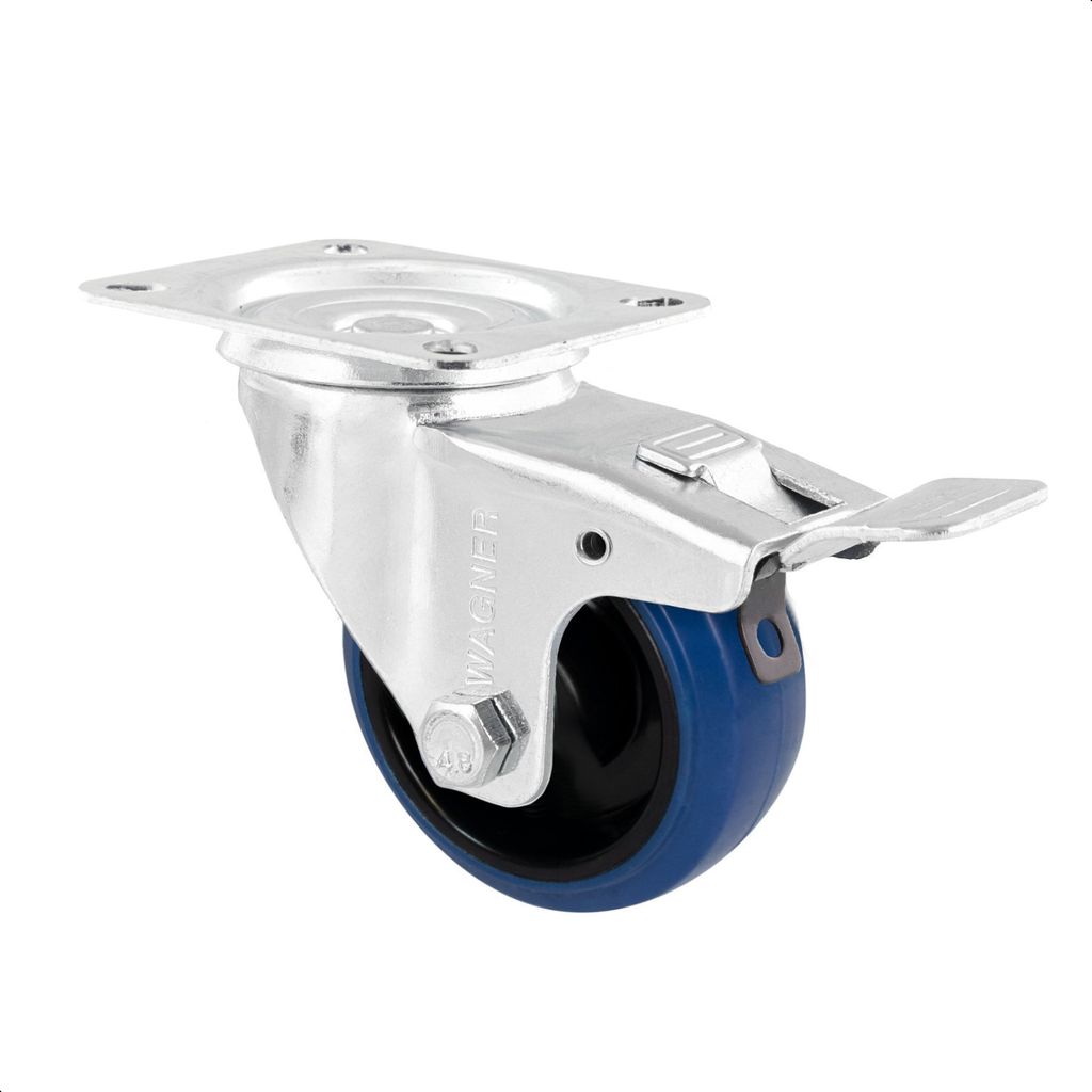 WAGNER Soft-Lenkrolle - Ø 80 mm, Stahl verzinkt, blau / schwarz, Bremse & Platte, Tragkraft 55 kg - 04778001