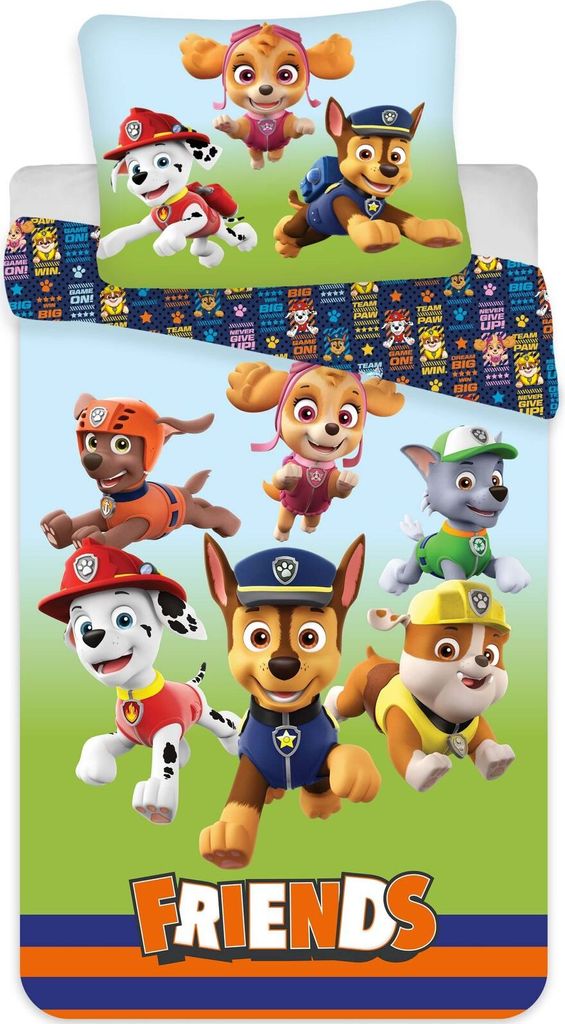 A collection of Paw Patrol characters on a bedding set.