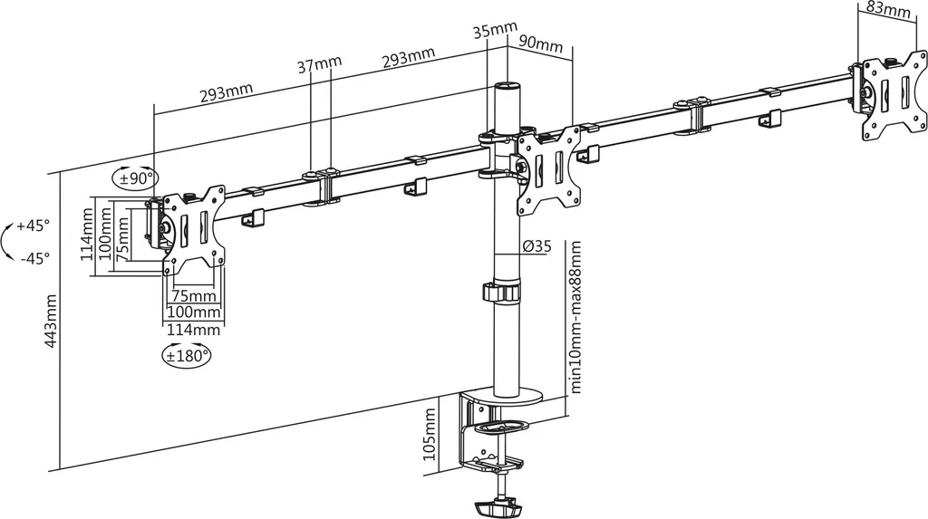 Support de bureau Xantron ECO-E03 pour 3 écrans 27 pouces ajustable