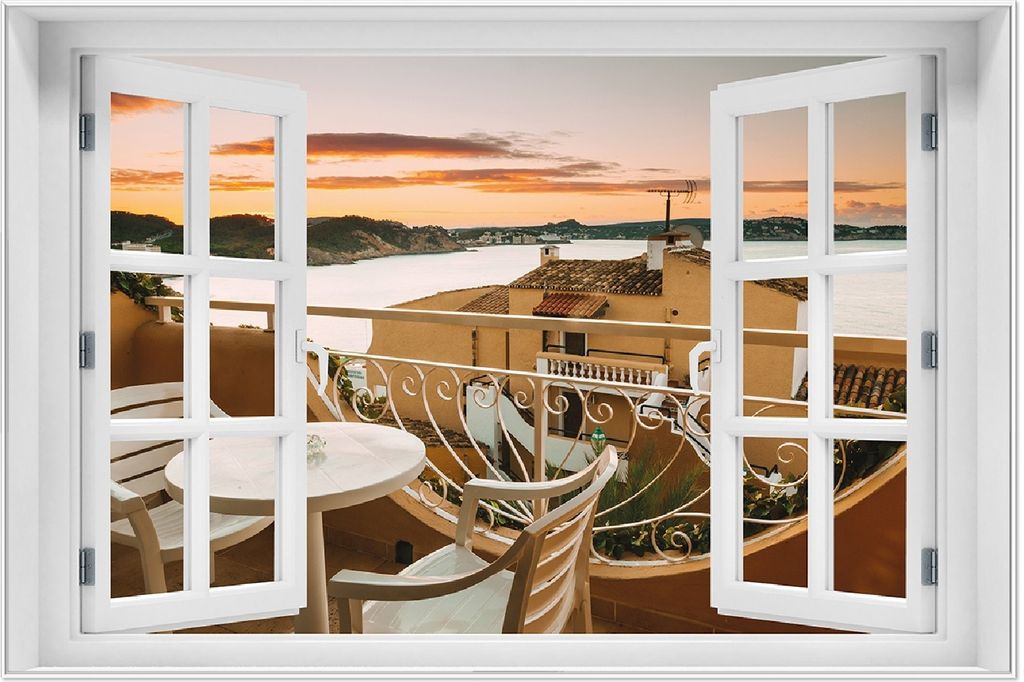 Wallario Wandbild mit Fenster-Illusion: Sommer in Spanien - Ausblick von einer schönen Terrasse auf das Meer, Größe: 61 x 91,5 cm, Poster mit we...