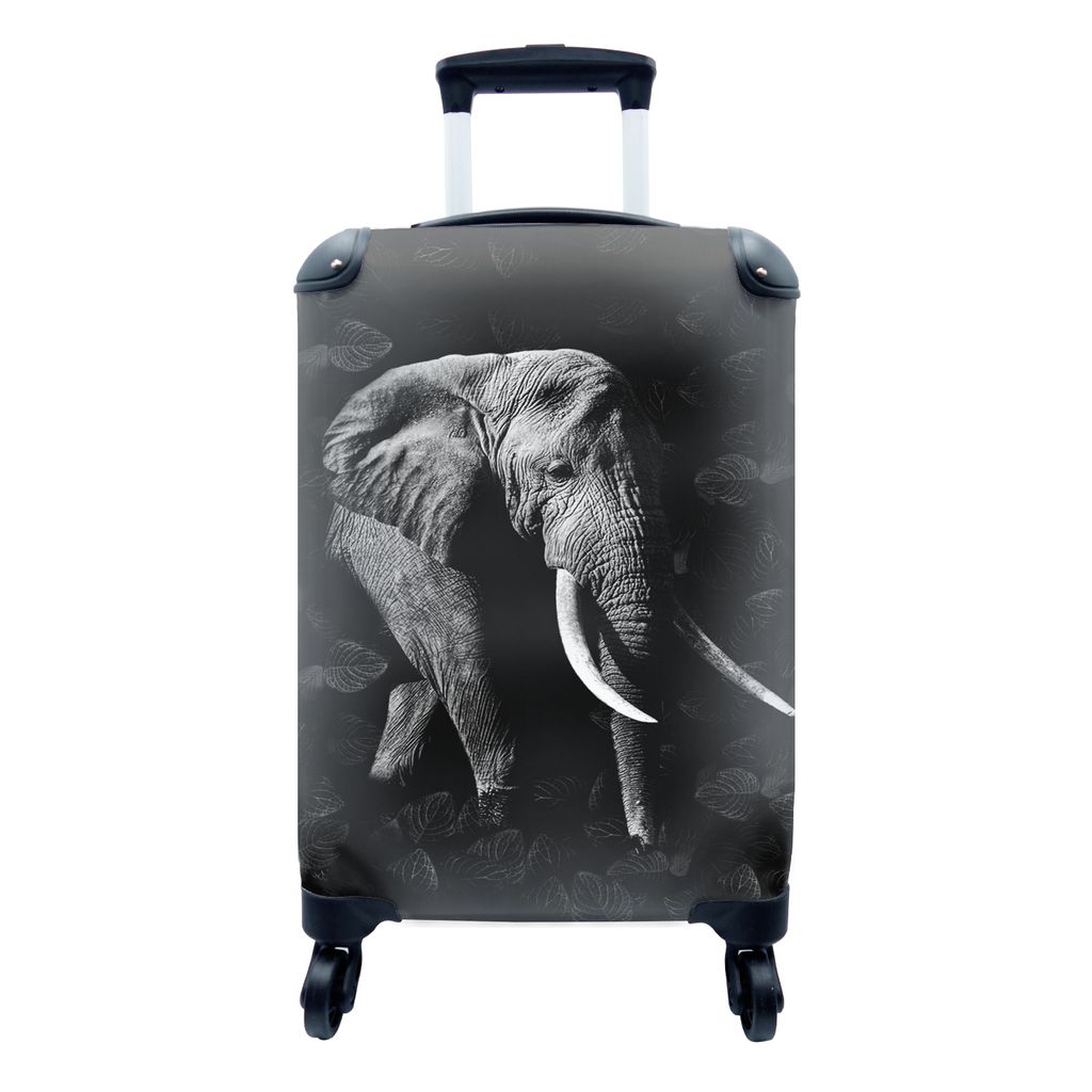 MuchoWow Koffer Handgepäck Trolley Rollkoffer Kleine Reisekoffer mit 4 Rollen - Botanischer Elefant auf dunklem Hintergrund - schwarz und weiß ...
