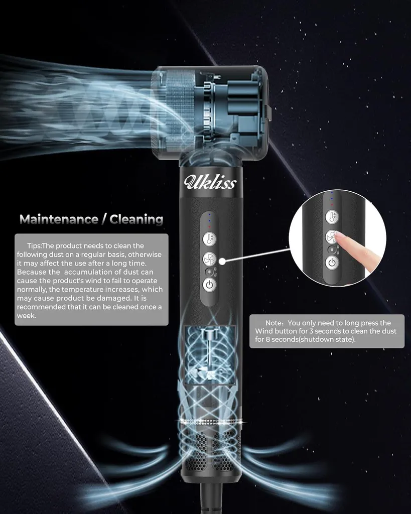 Brosse à air chaud multifonction avec diffuseur et 6 embouts de coiffage noirs