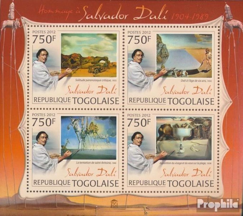 Briefmarken Togo 2012 Mi 4473-4476 Kleinbogen (kompl. Ausgabe) postfrisch Hommage an Salvador Dali (1904-1948)