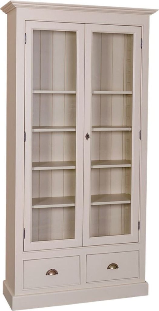 Casa Padrino Landhausstil Wohnzimmer Vitrinenschrank Grau 109 x 39 x H. 210 cm - Wohnzimmerschrank mit 2 Glastüren und 2 Schubladen