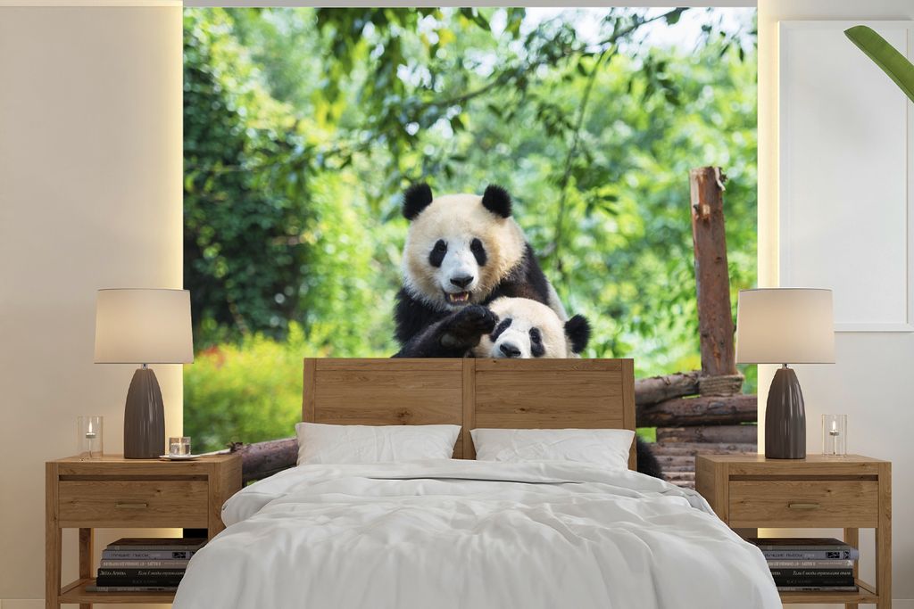 MuchoWow Fototapete für Wohnzimmer oder Schlafzimmer Wandtapete Vinyl Motivtapete Panda - Brücke - Natur - 260x260 cm - Papiertapeten