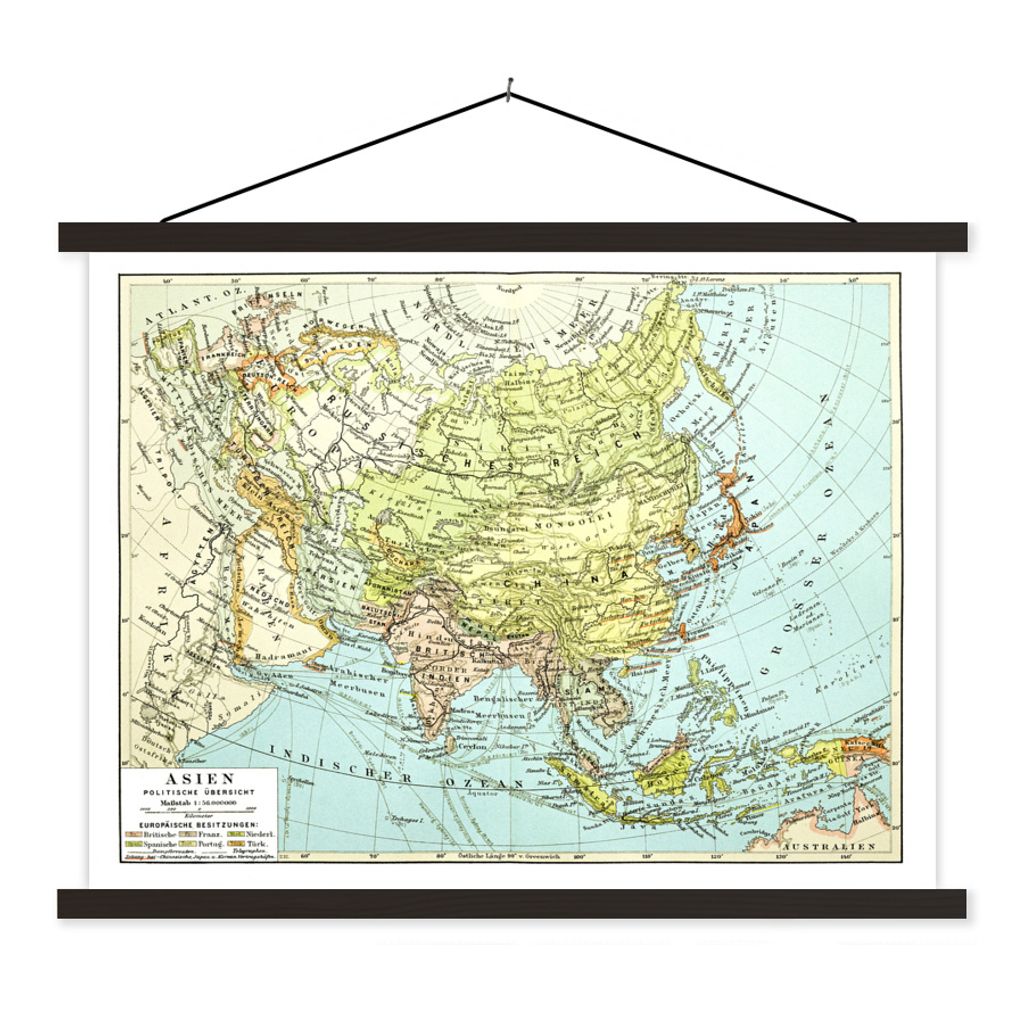 MuchoWow Textilposter Klassische Weltkarte Asien 120x90 cm mit schwarzem Rahmen - Aufhänger für Poster