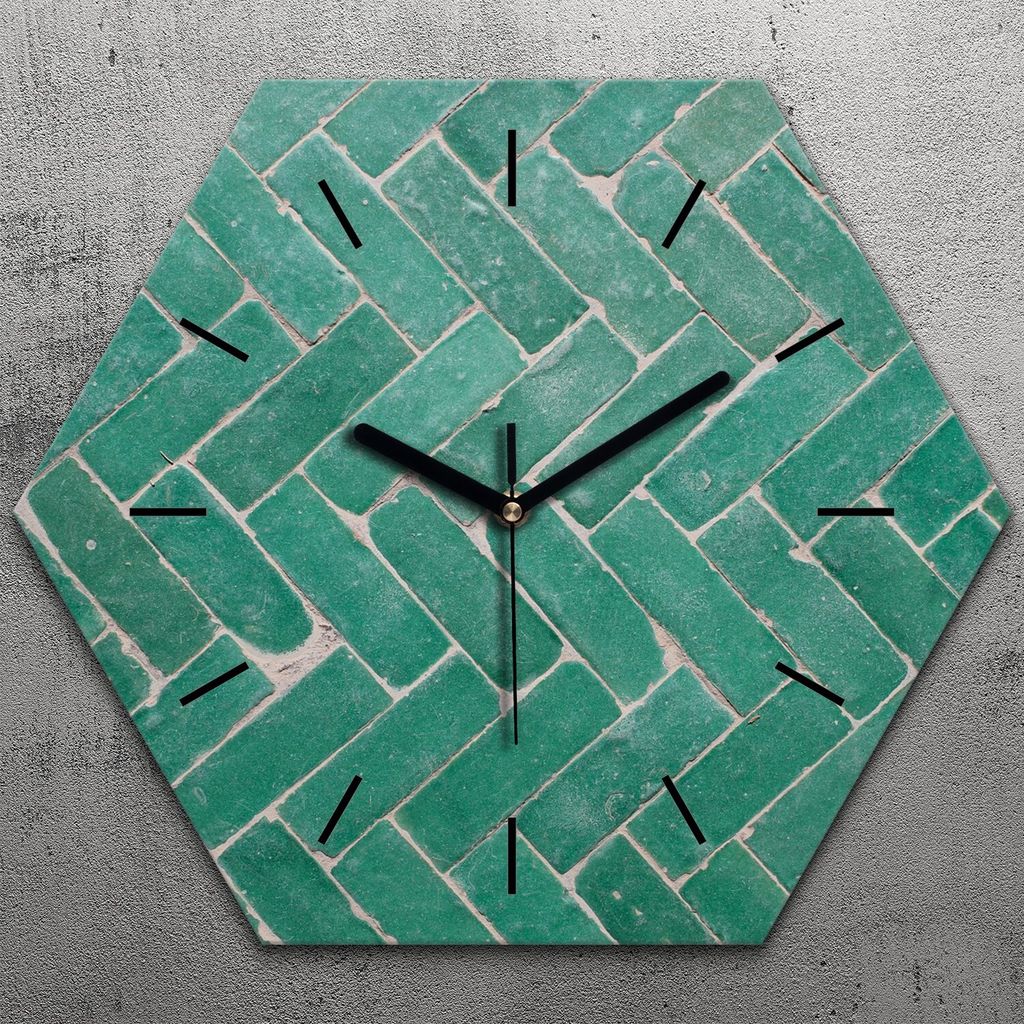 Uhr hexagonal 40 cm Glas Geräuschlos schwarze Zeiger - Kacheln Abstrakt